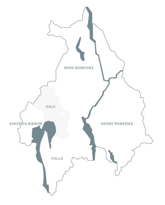 Kart over Akershus med regionene.