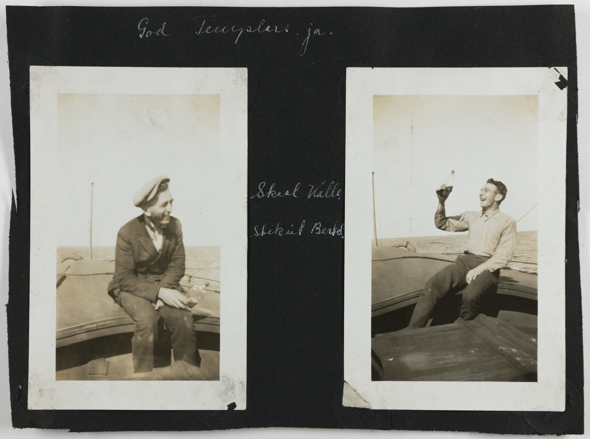 Bertel sitter med en flaske i baugen på et skip på Lake Michigan, USA.