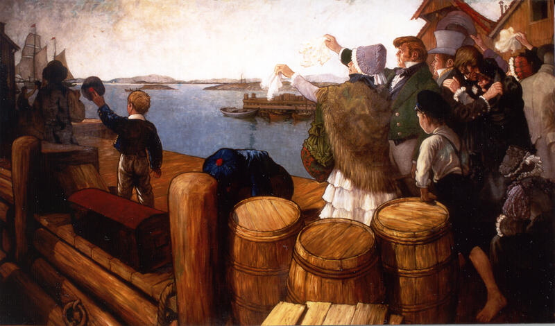 Oljemaleri av Benjamin Blessum der motivet er båten Restauration som forlater Stavanger i 1825.