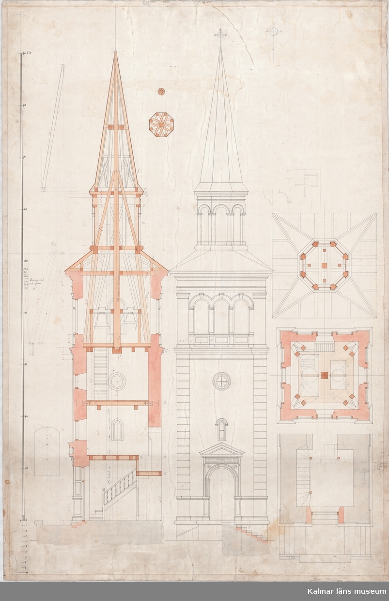Kolorerad arkitektritning av Hugo Hammarskjöld. Projekt: Marbäcks kyrka, torn. Aneby pastorat. Ritning utan årtal. Tornet byggdes 1879.