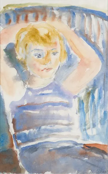 Med hendene bak hodet [Akvarell]