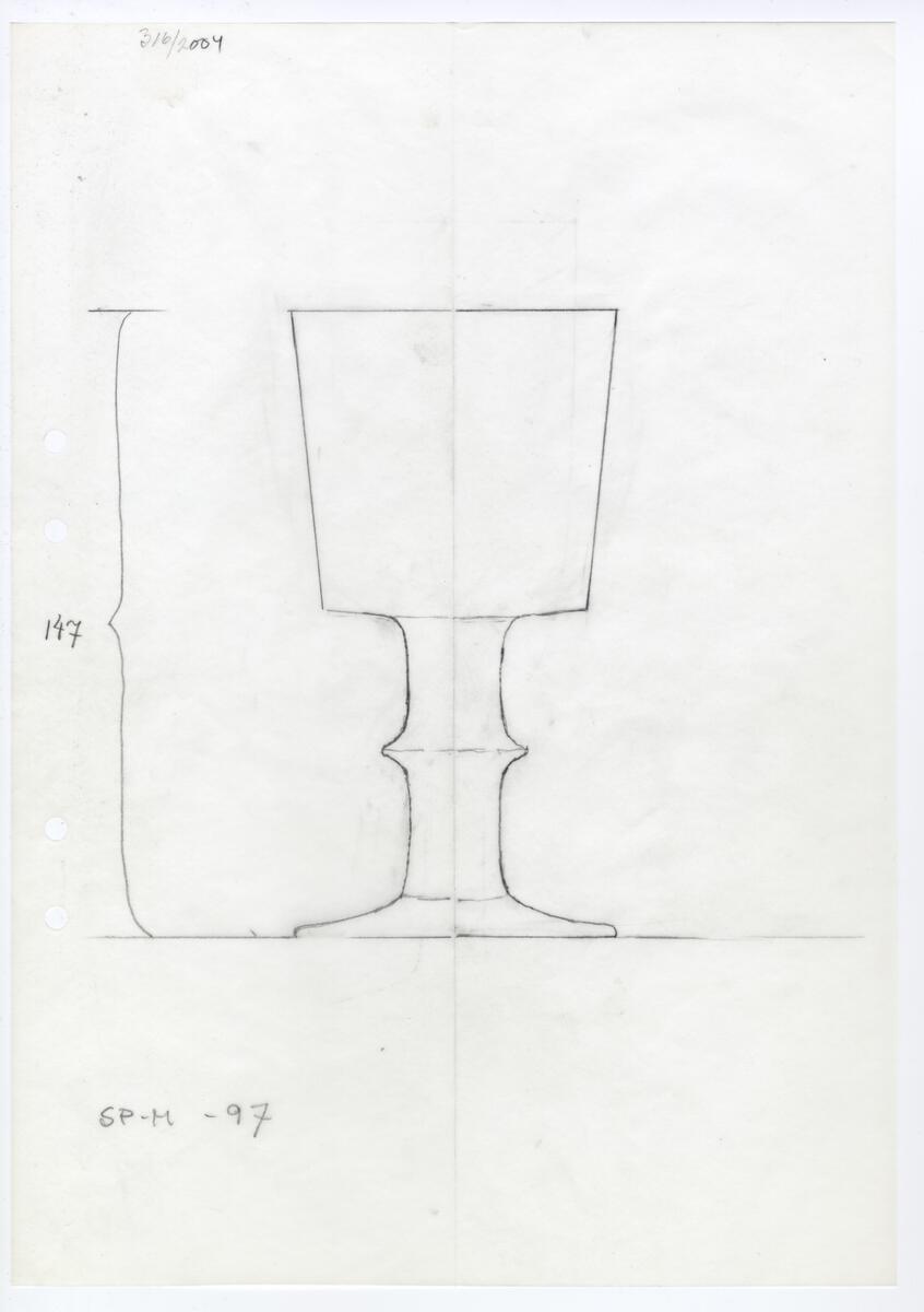 Skiss till två modeller på dricksglas: snapsglas, ölglas och vinglas.