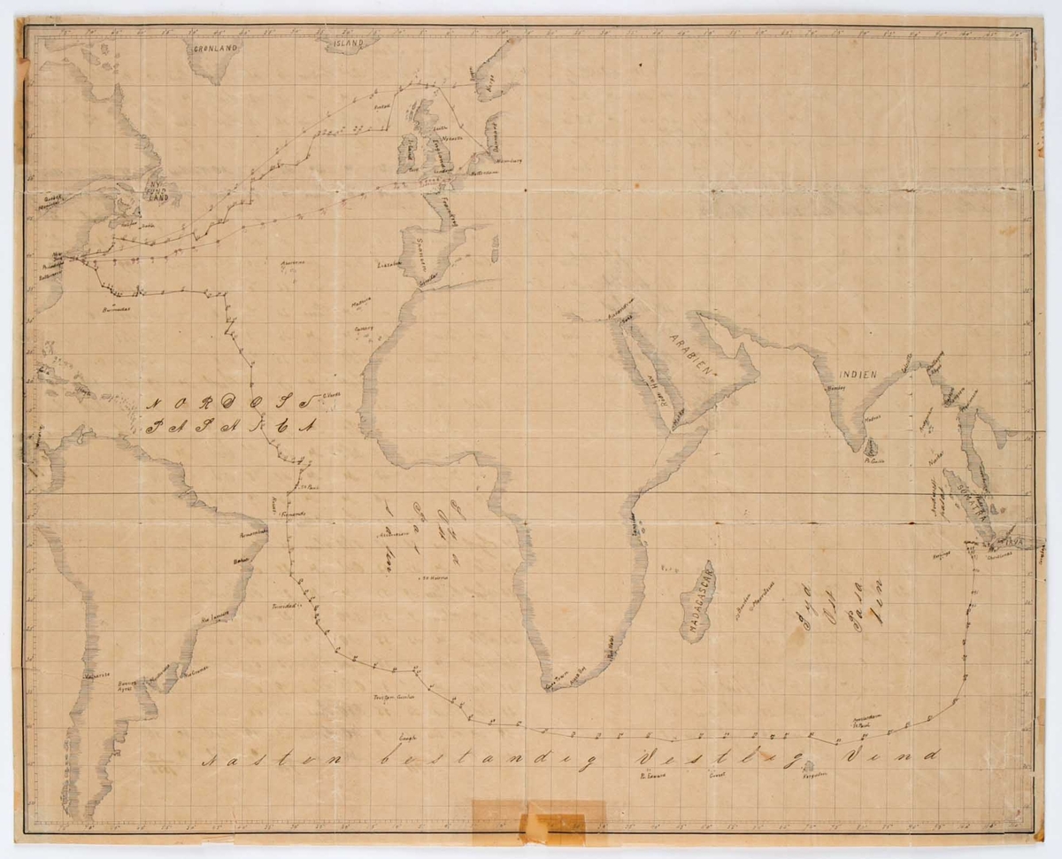 Kartskisse av bark ALERT´s reise på 19 dager fra Bergen til New York i januar 1881.