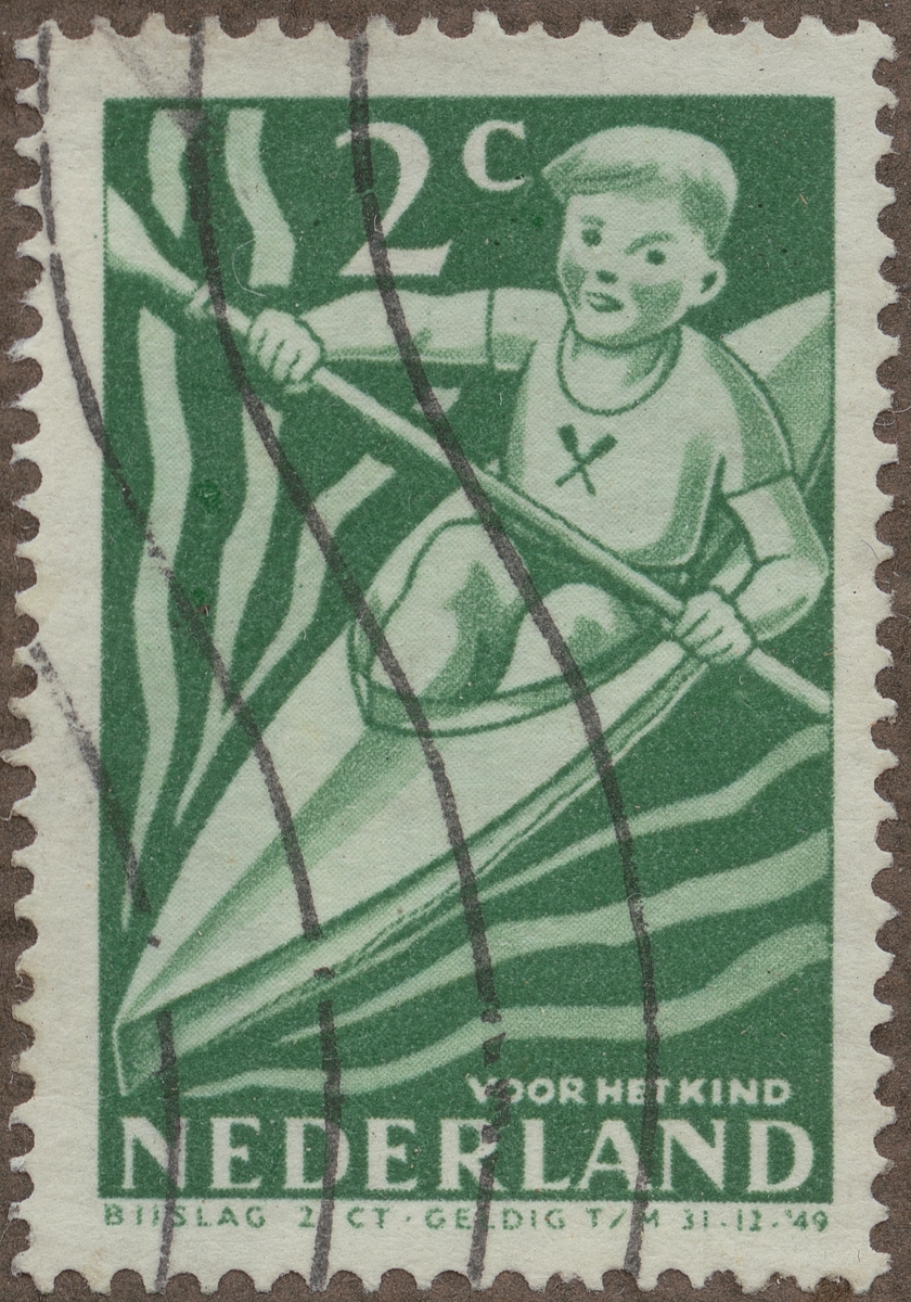 Frimärke ur Gösta Bodmans filatelistiska motivsamling, påbörjad 1950.
Frimärke från Nederländerna, 1948. Motiv av Pojk i kanot (kayak) "Serie: - Till förmån för barnvården-"