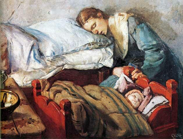 Maleri av sovende mor med barn. Malt av Christian Krogh.