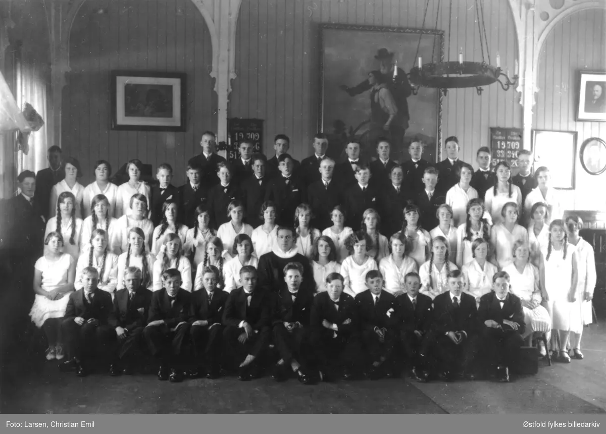 Konfirmanter på Fredheim i Tune 1930 med pastor Ivar Kinn. Navneliste med plassering, se fotokort.