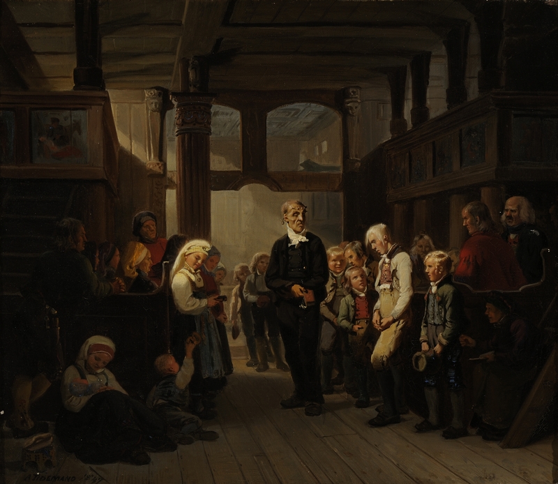 Overhøring i en bygdekirke [Maleri]