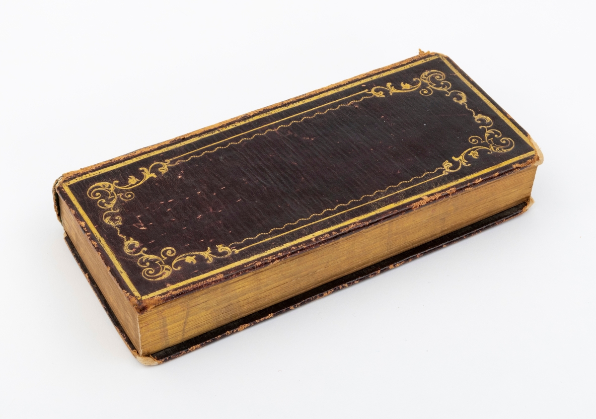 Kingos salmebok fra 1849; avlangt format, gotisk dansk-norsk skrift; brunt skinn med gullornamenter og skrift på ryggen, for- og bakside. Teksten "Psalmebok" skrevet på ryggen av boken.