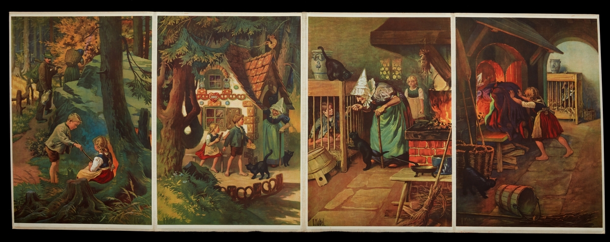 Fem stycken uppsättningar med planscher monterade på pärmar. Motiv från klassiska barnsagor.
Rödluvan, Askungen, Hans & Greta, Snövit samt Mästerkatten i stövlar.
