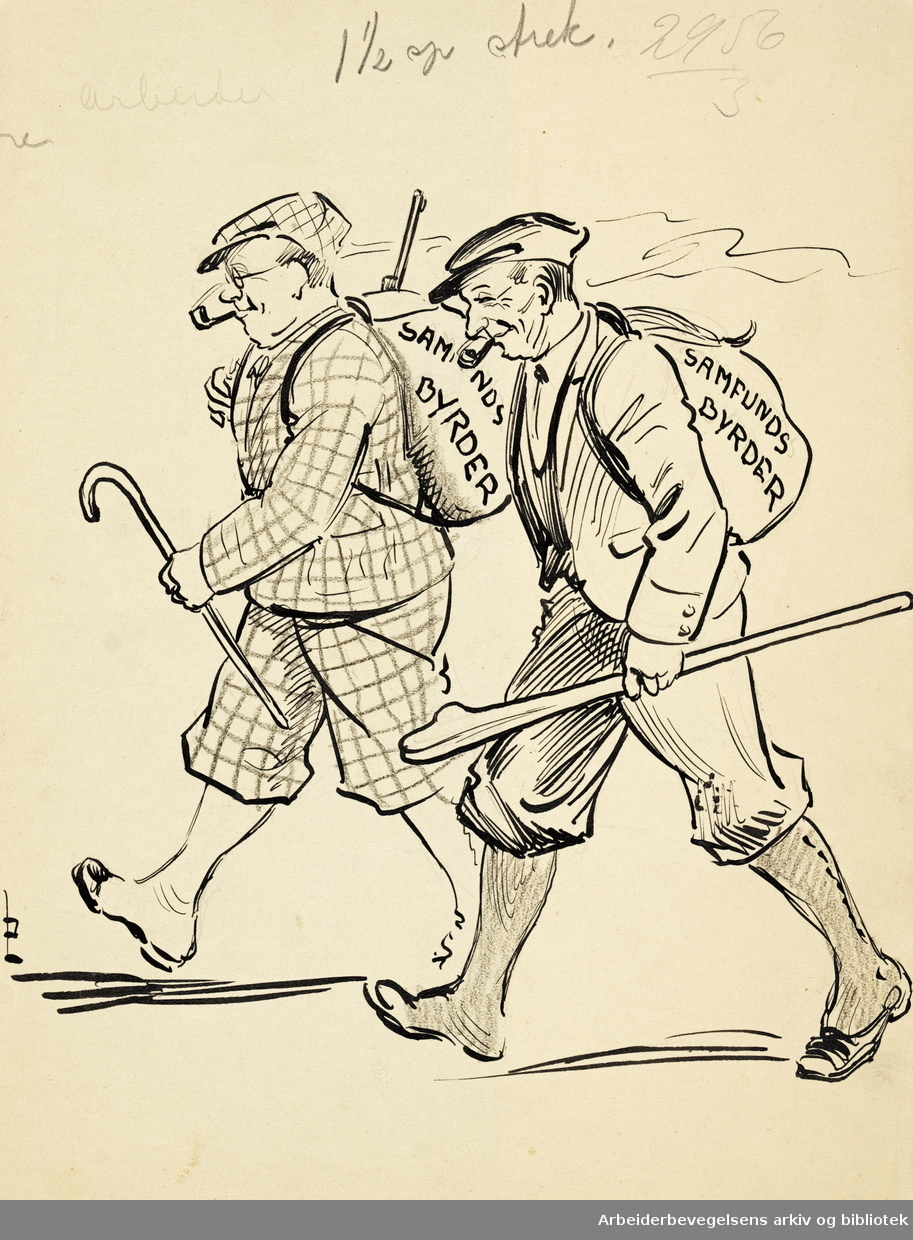 Tegning av Jan Lunde. To menn med sekker. Tekst: Samfunds byrder. Udatert.