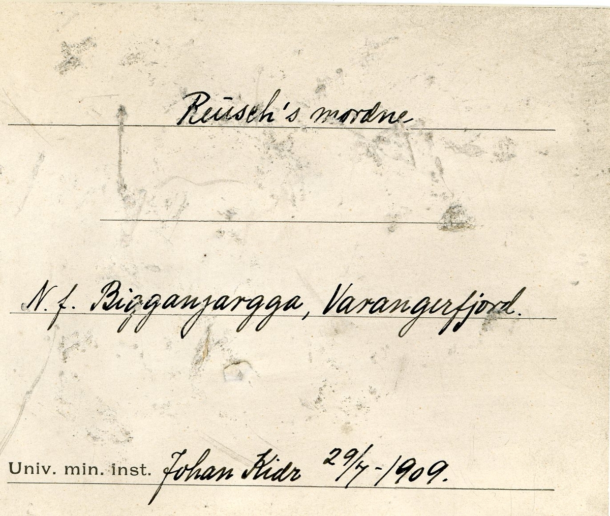 Etikett i eske:
Reusch's moræne
N.f. Bigganjargga, Varangerfjord
Johan Kiær 28/7-1909