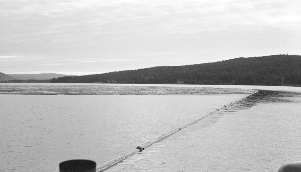 Bomtrekking sørover Storsjøen i Odalen sommeren 1957. Dette slepet skulle bukseres fra Mo i nordenden av innsjøen til Seimsjøen i sør, der strømmen i Oppstadåa skulle føre det videre mot Glomma ved Skarnes. Bommen var en ring, lagd av sammenkjedete stokker, som i dette tilfellet omsluttet cirka 3 500 kubikkmeter løstømmer fra skogene i Nord-Odal. Bommen ble trukket av en båt som lokalt ble kalt «Storsjø», men som offisielt hette «Varpebåt 1». Glomma fellesfløtingsforening hadde nemlig en noe større slepebåt i Storsjøen i Rendalen som offisielt hette «Storsjø»,  Når «Varpebåt 1» ble satt i bevegelse samlet tømmeret seg i det som da ble den bakre enden av bommen, men så lenge hastigheten var langsom og vinden noenlunde spak, holdt det seg der. Dette er tatt fra akterdekket på slepebåten med Gardviklandet i bakgrunnen.