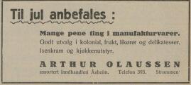 Annonse for juleinnkjøp i Arthur Olaussens landhandleri i 1935. Akershus Arbeiderblad, 18.12.1935. Nasjonalbiblioteket.