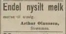 Nysilt melk mottas til utsalg. Arthur Olaussen, Strømmen. Avisen Romerike, den 08.01.1924. Nasjonalbiblioteket.