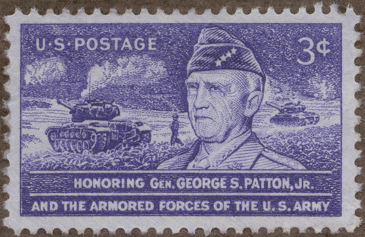 Frimärke ur Gösta Bodmans filatelistiska motivsamling, påbörjad 1950.
Frimärke från U.S.A., 1953. Motiv av Tank-artilleri i U.S.A. (t.h.) General George S. Patton Jr. 1885-1945. Ledde stridsvagnarna vid Tysklands erövring 1945.