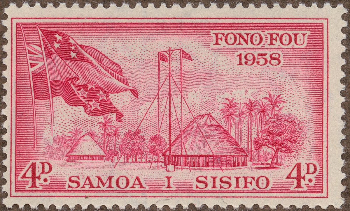 Frimärke ur Gösta Bodmans filatelistiska motivsamling, påbörjad 1950.
Frimärke från Samoa, 1958. Motiv av Samoa:s och New Zealand:s flaggor i Samoa samhälle -Minne av Samoas första regeringssamling. 1958-