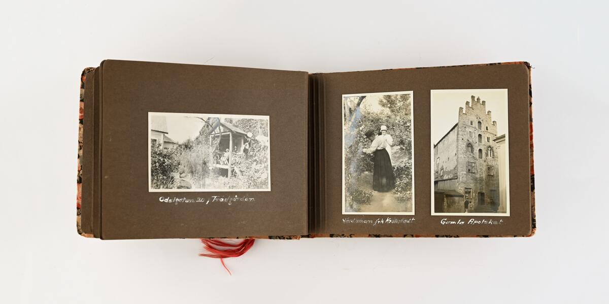Fotoalbum klätt i rosenmönstrat tyg och bundet med mörkrosa, tvinnat snöre. Inuti fotografier med Visbymotiv från ca 1930. Fotograf är Krister Leijonhufvud, donatorernas far. 22x15,5 cm.