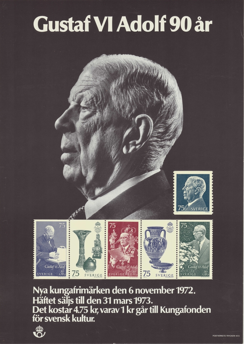 Gustaf VI Adolf fyller 90 år och trycks på frimärken. Frimärksark. Postsymbol.