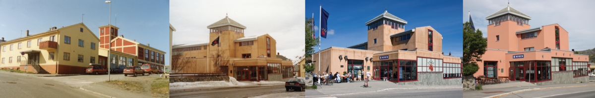 Bygningene der Gjenreisningsmuseet ligger gjennom årene: fire bilder, fra brannstasjon til museum.
