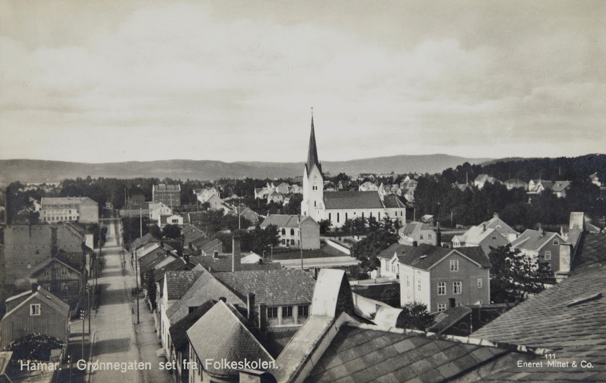 Postkort, Hamar, oversikt Grønnegata sett mot Vestbyen,,

