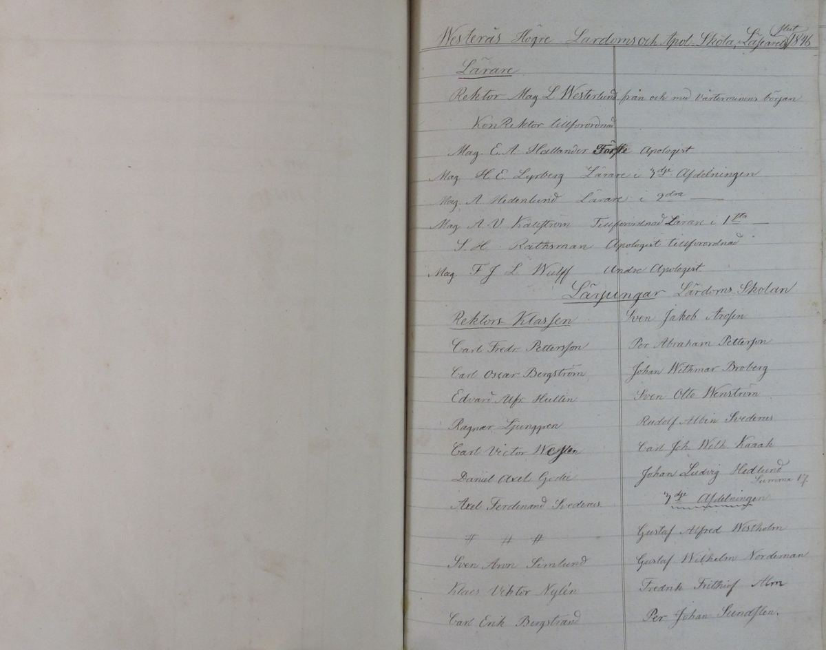 Rudbeckianska skolan i Västerås elevlängd 1841-1850.