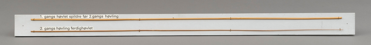 To splitcaneribber, spildrer av bambus (tonkinbambus), montert på en hvitmalt treplate. Spildrene har sitt utgansgpunkt i et bambusråemne (tonkinbambus) som er splittet opp og industrielt behandlet i firmaet Asbjørn Hørgårds maskiner, for deretter å bli limt sammen til fiskestenger.  Montasjen med de to spildrene har vært utstilt i museets basisutstilling om ferskvannsfiske fram til cirka 2013.

På den hvite treplata ses øverst en 1. gangs høvlet spildre før 2. gangs høvling og nederst en spildre (ribbe) etter 2. gangs høvling og som regnes som ferdig høvlet. En stangdel i ferdige fiskestanga, splitcanestanga, bestod av 6 ribber (spildrer). 

[Se referanser og referanser til filer for mer informasjon om hvordan framstillingen av splitkeinstenger foregikk. Se fanen "Opplysninger" for informasjon om Asbjørn Hørgård og hans firma. ]