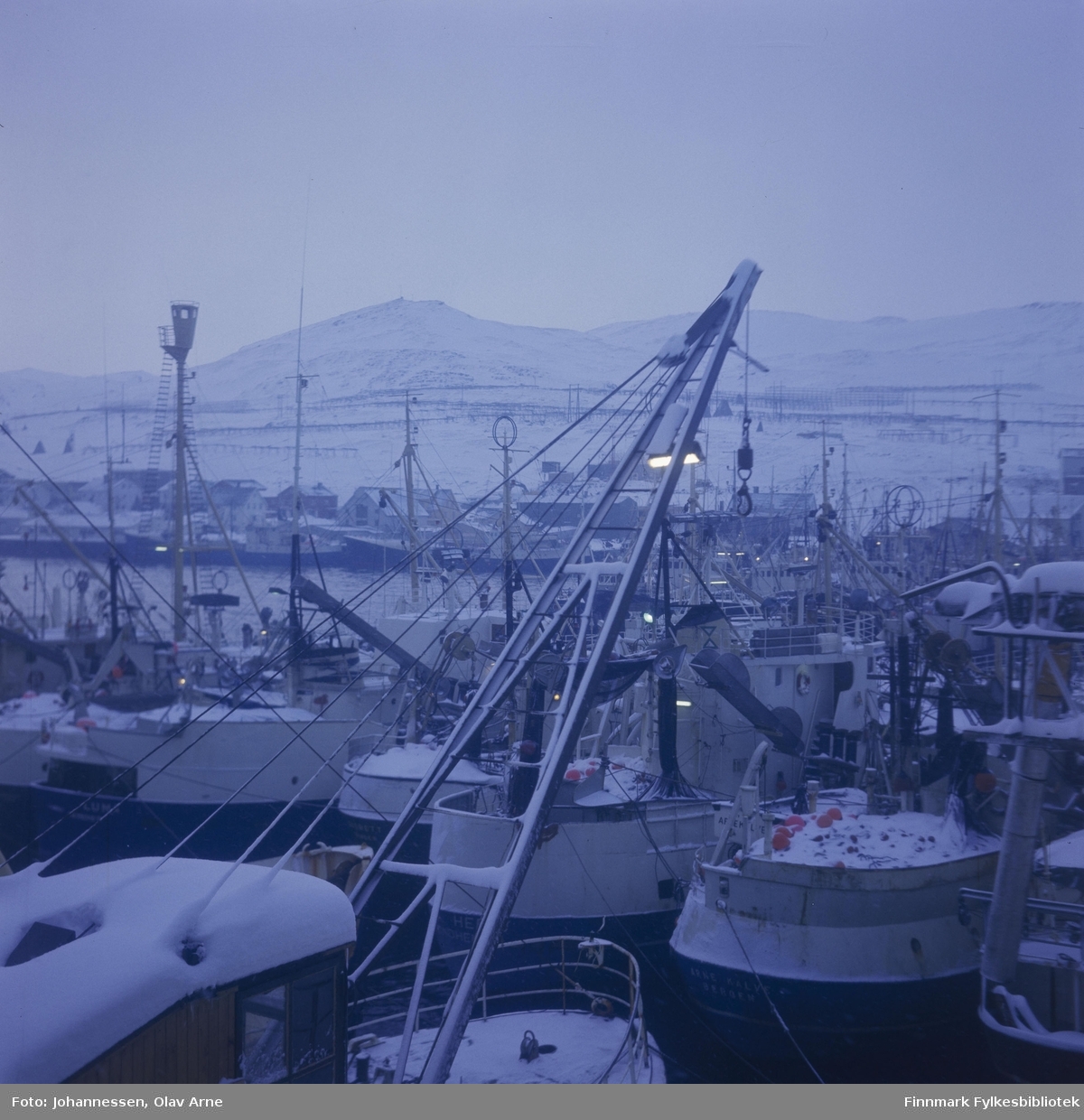 Foto av skip i Båtsfjord havn

Loddesnurpere med Melkarn i bakgrunnen

Man kan også se en hvalbåt med tønne i masta (til venstre)

Foto trolig tatt på 1960/70-tallet