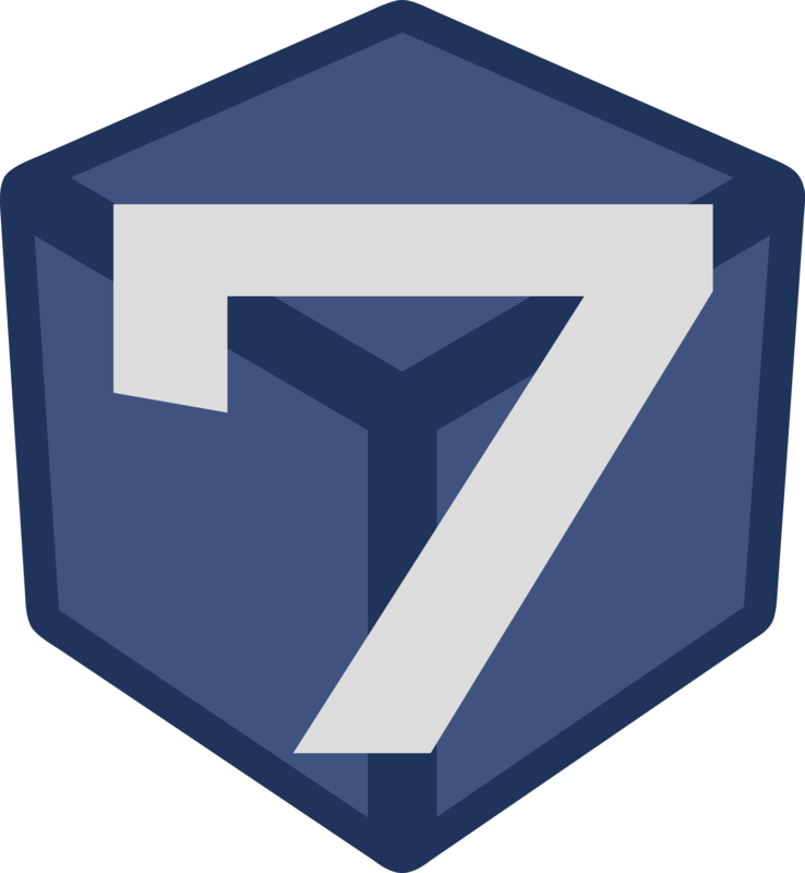 Logo terningkast 7. Hvitt 7-tall på blå bakgrunn i et heksagon
