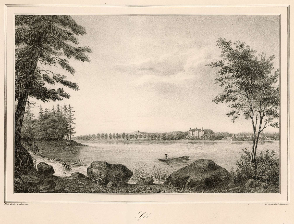 Litografi med en sjö, på sjön en eka med en person i. Invid strandkanten en hund. På andra sidan sjön ett Sjöö slott.