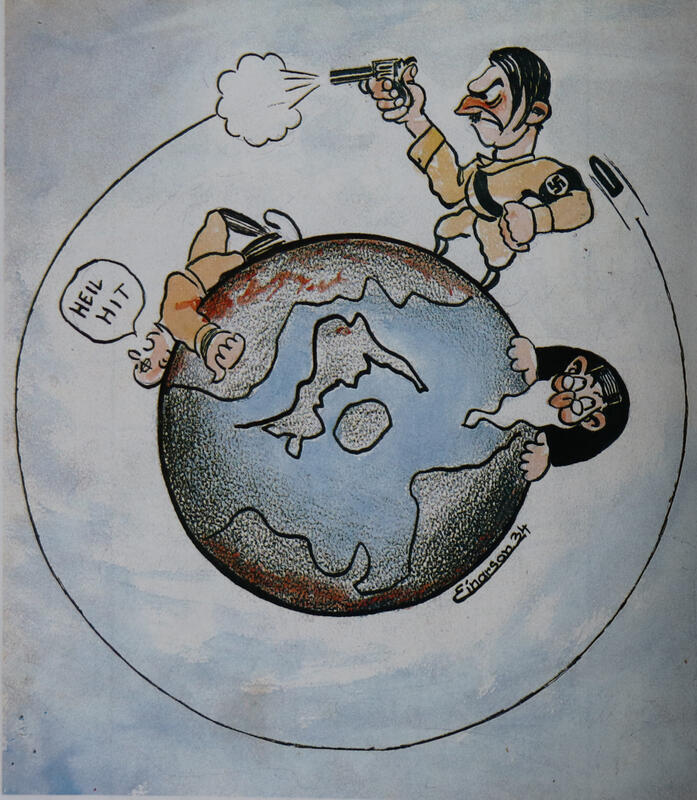Karikatur av Hitler som står på jordkloden og skyter med pistol. Kulen tar turen i krets rundt kloden for å returnere og treffe Hitler i nakken.