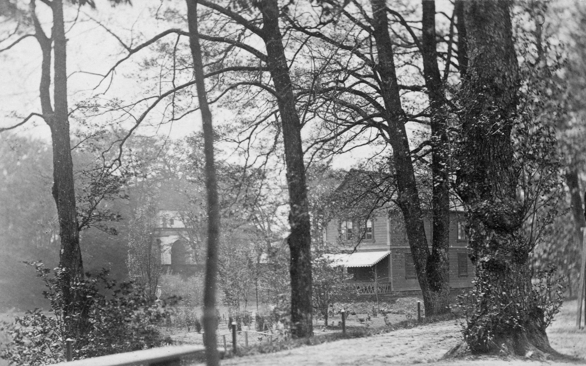 Från August Bondesons fotosamling. Anteckning på fotografiets baksida: "Parti af Halmstad Tivoli", dvs Tivoliparken som etablerades på 1840-talet och numera kallas Norre Katts park. I bakgrunden ses Norre Port och mellan träden skymtar en av byggnaderna i parken.
