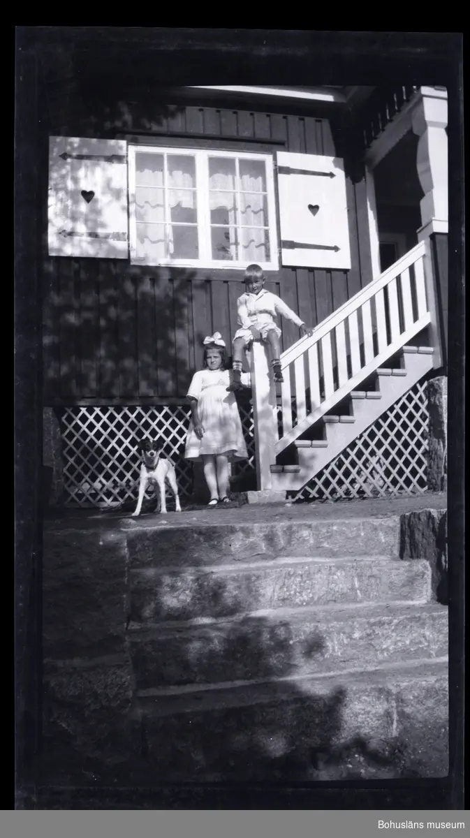 Två barn och en hund vid en trappa upp till ett hus.
