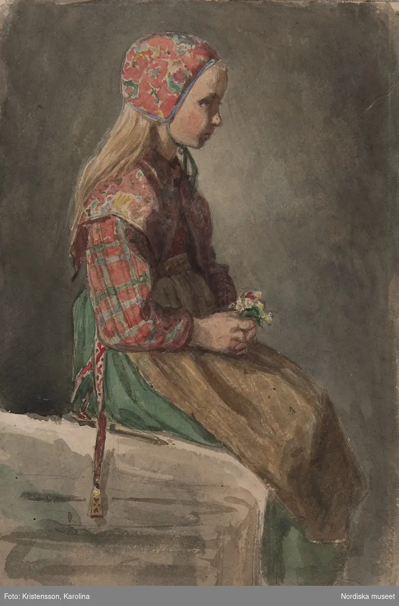 Flicka från Floda socken i grönkolt. Akvarell av C.G. Hellqvist