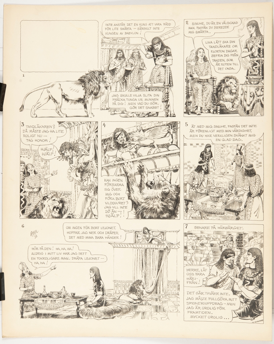 Sida ur den tecknad serien om läkaren Sinuhe som på ålderns höst berättar om sitt liv. 
Varje sida är uppbyggd av 6-8 bildrutor med teckningar i svart och vitt (förutom de tre första delarna som är kolorerade). Sidorna inleds med en kort sammanfattande text. Rutorna är mycket detaljerade. Texten är skriven direkt på pappret.