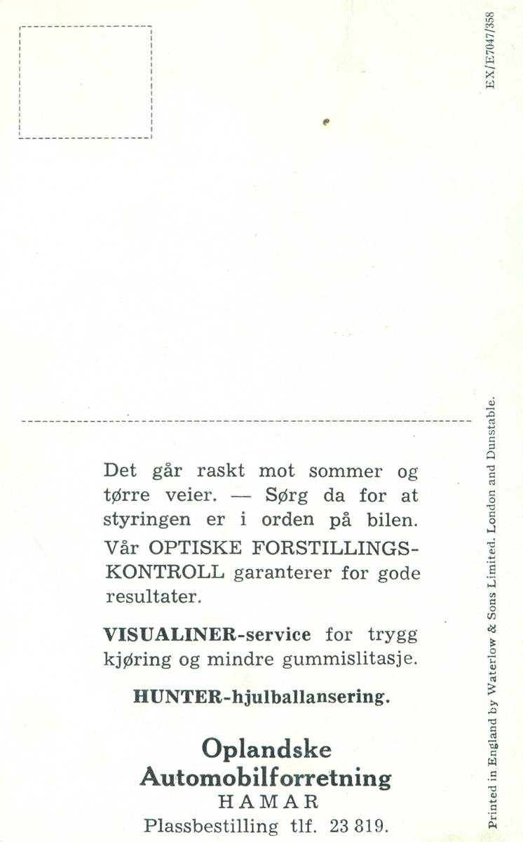 Postkort, Hamar, reklamekort fra Oplandske Automobilforretning, påminnelse om service på bilen, Zodiac Convertible, 1961/1962 modell