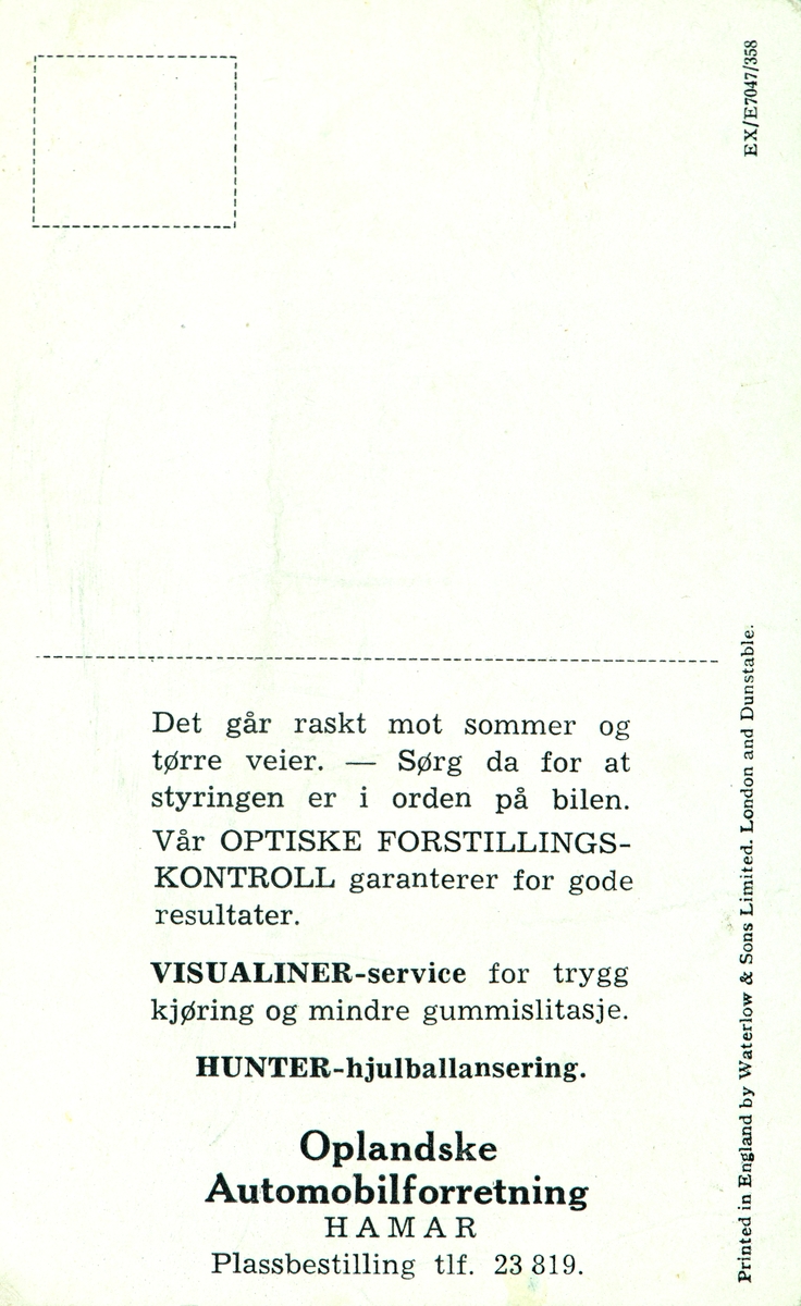 Postkort, Hamar, reklamekort fra Oplandske Automobilforretning, påminnelse om service på bilen, Ford Consul,