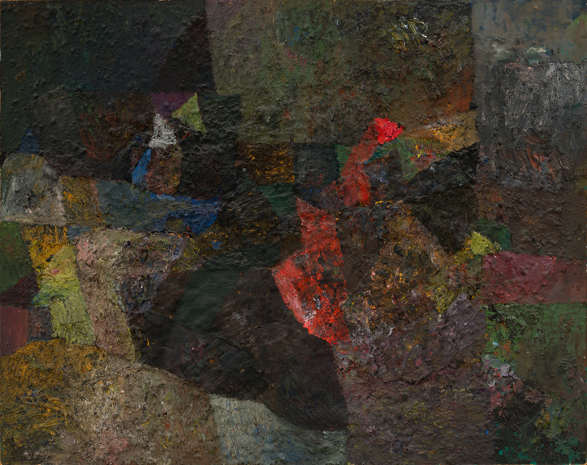 Abstrahert komposisjon i svart, grått, rødt, grønt og blått.