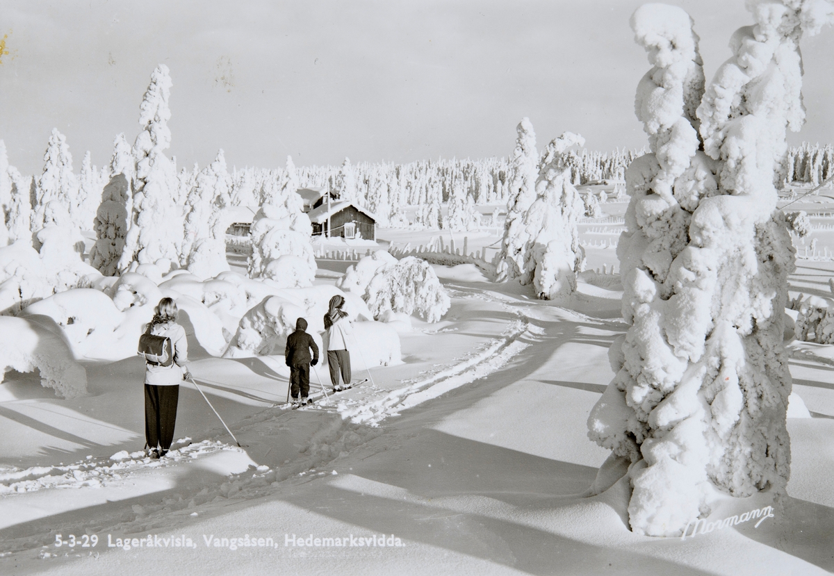 Postkort, Vang, Vangsåsen, Hedmarksvidda, vinterlandskap, skigåere, Lageråkvisla,