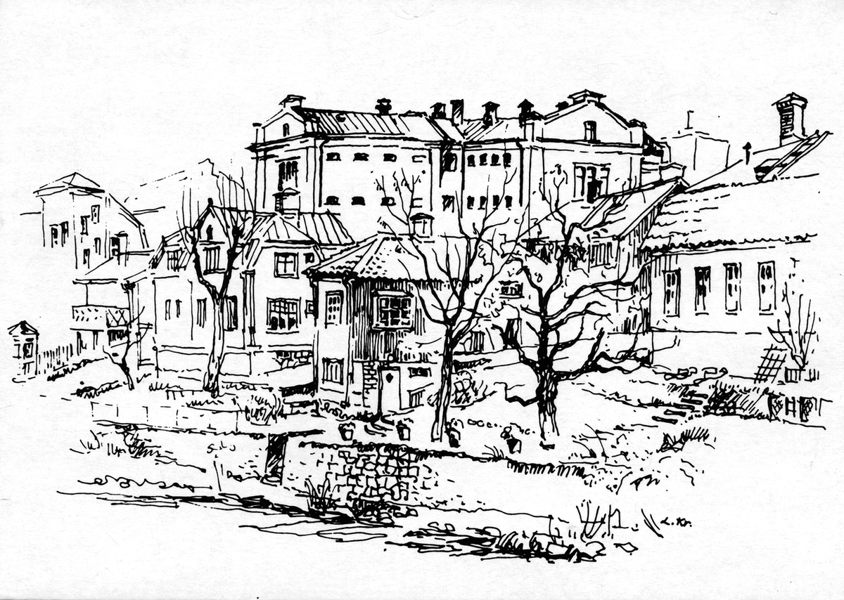 Fängelset i bakgrunden. Bostadshusen med trädgårdar mot Gavleån. Tecknare Lilly Källander, Gävle