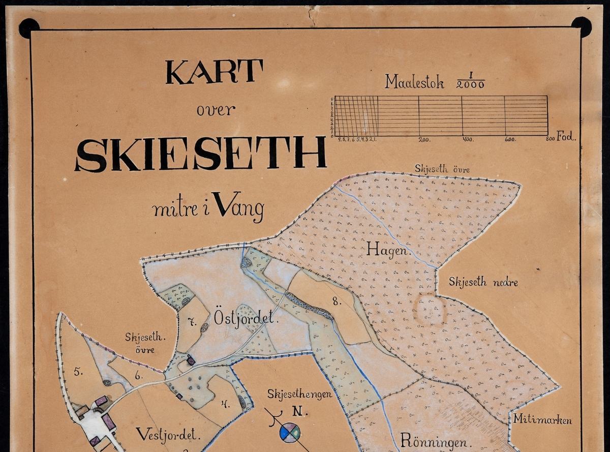 Gårds kart over Skjeseth gård i Vang. Oppmålt av Hans Bakkerud i 1890. Navn på de forskjellige jordene. Gards kart. Gårdskart.