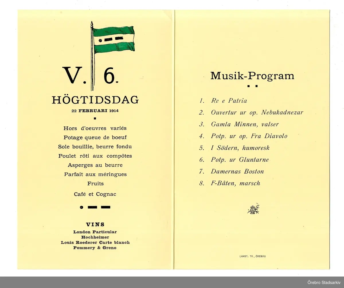 Musikprogram. Logen V.6. högtidsdag, 1914.
