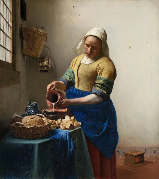 Maleri av dame ca. 1600 som gjør klar mat til servering