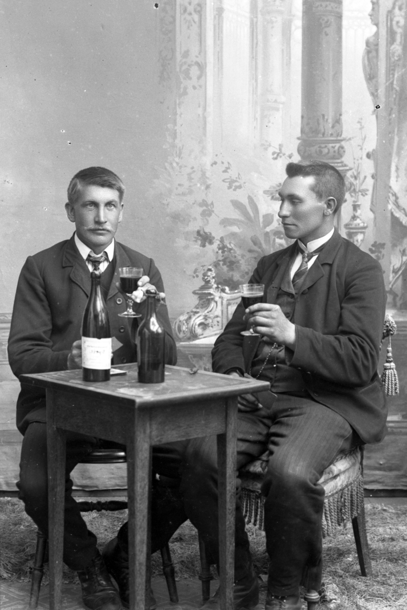 Atelierfoto.To unge menn sitter ved et bord med vinflasker på og drikker vin.
