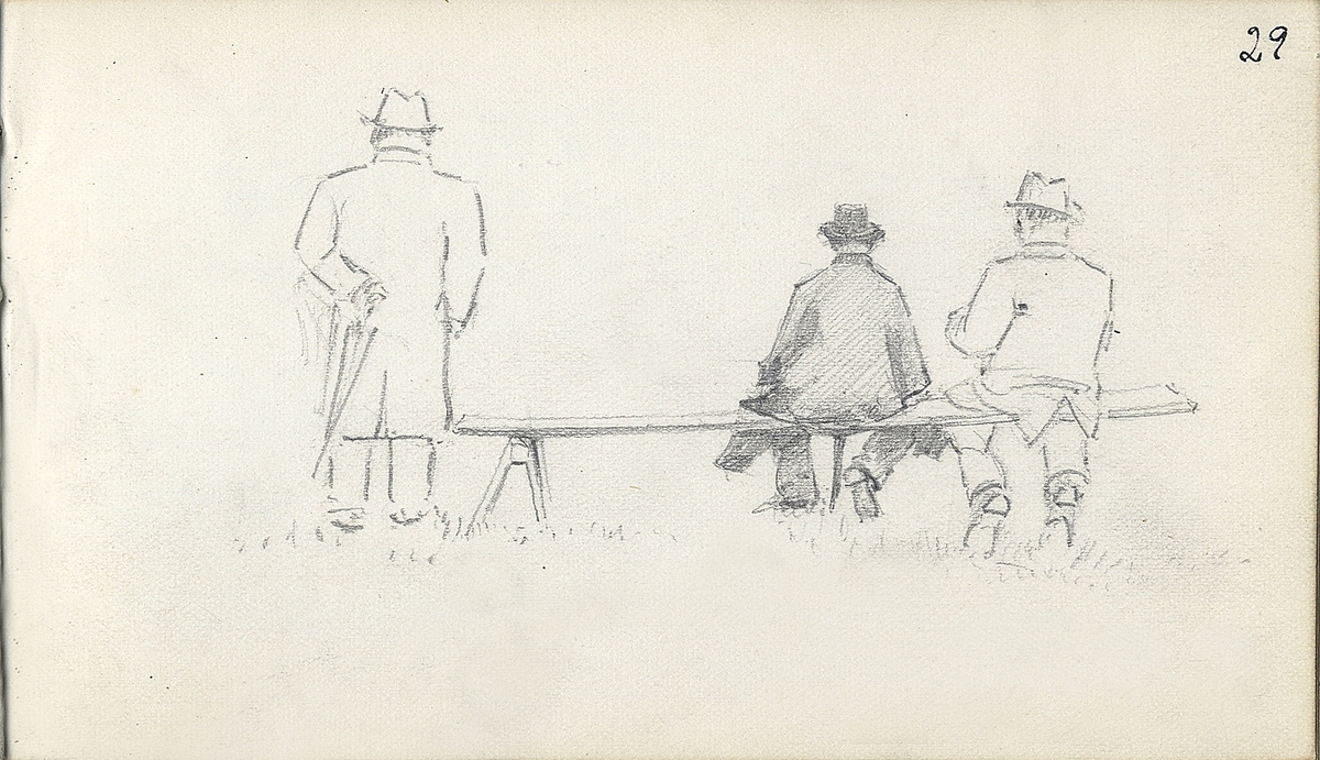 Skiss, blyerts. Tre män i rock och hatt vid en enkel bänk. Två sitter, en står.
Skissade bakifrån.

Inskrivet i huvudbok 1975.