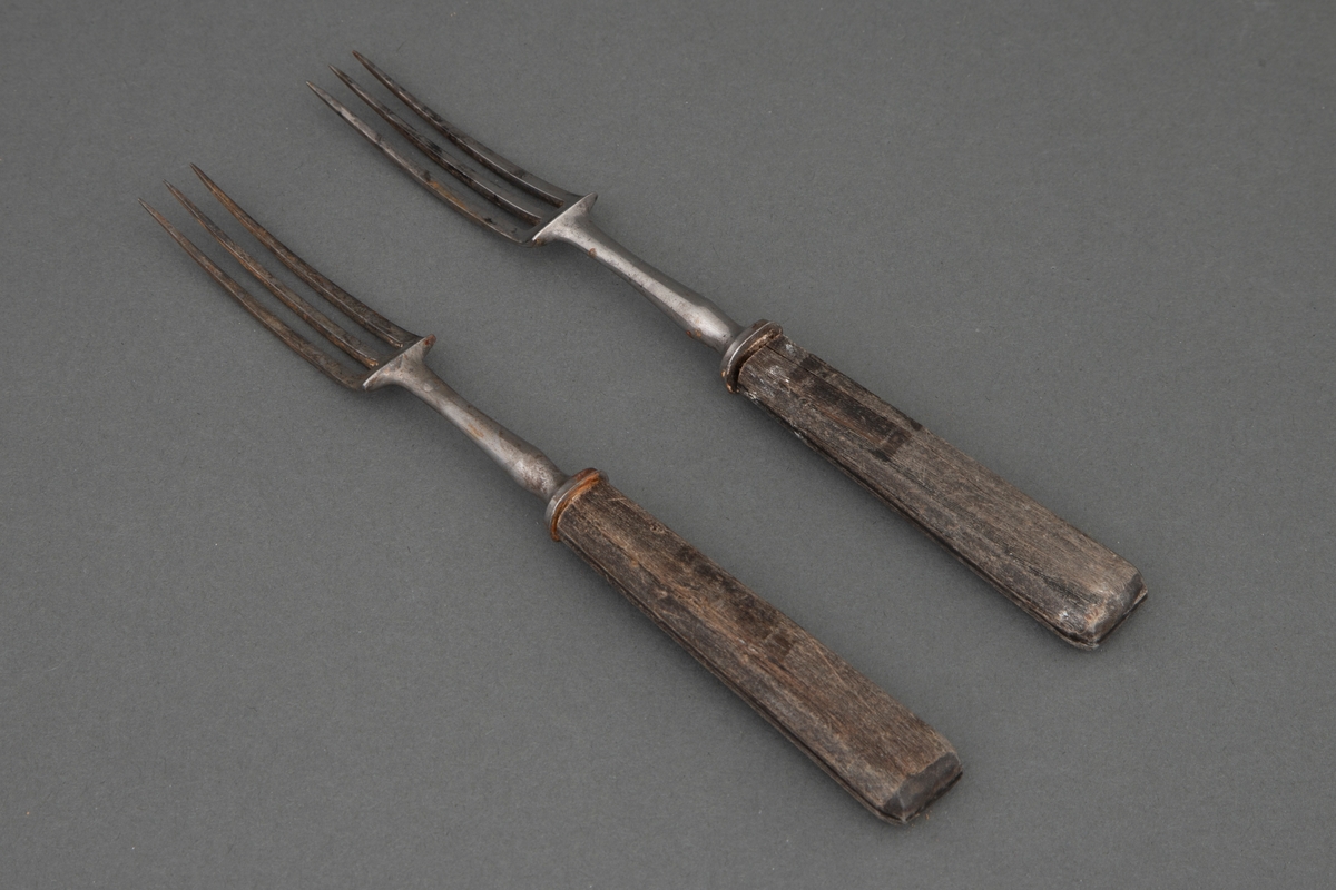 To gafler i stål og tre, tre-tinnet, skarpt adskilt fra den lange rundede skaftroten, alt av stål. Skaftet er kantet og av mørkt tre.