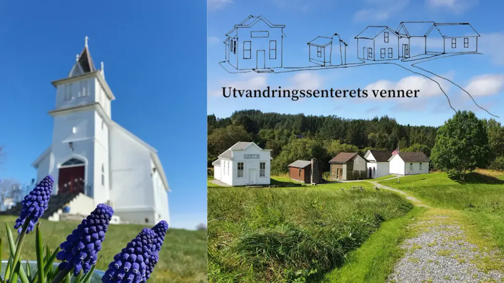 Fotokollage av Emigrantkyrkja og Prærilandsbyen med teikna silhuett av Prærielandsbyen og tekst Utvandirngssenterets venner.