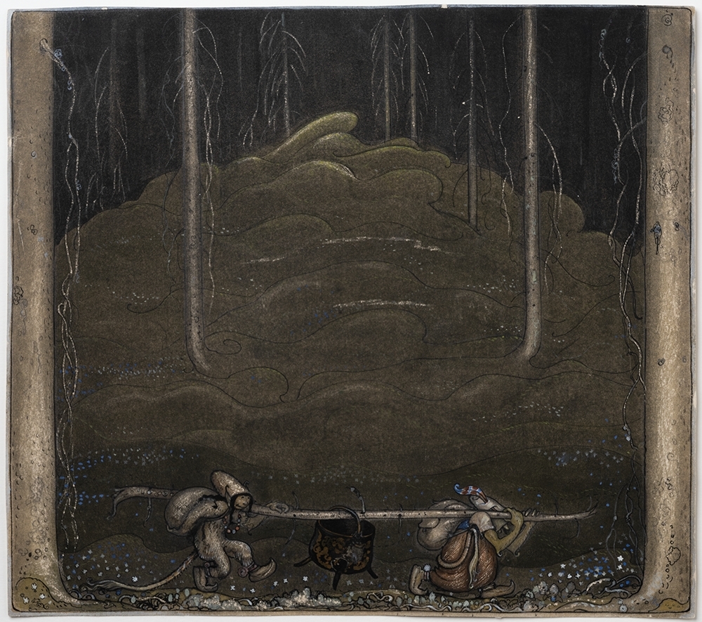 Akvarellmålning med detaljer i gouache  och tusch. Mörk färgskala i grönt, brunt och grått.

Baksida text: "Trollkitteln hade de mellan sig på en stång".