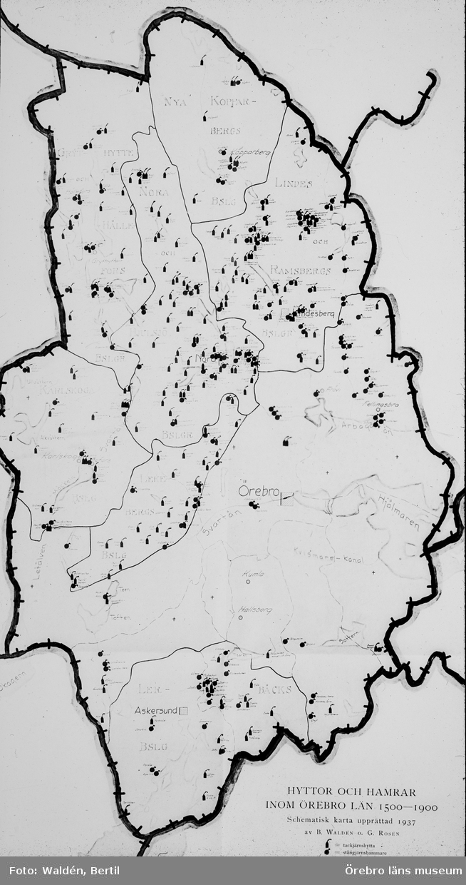 Örebro län. Hyttor och hamrar under 1500-1900 talet, karta.