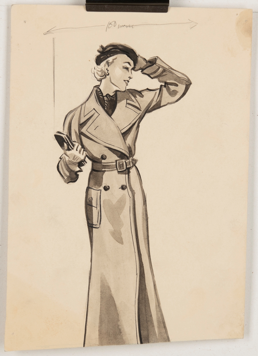 Illustration till reklamannons.

Bilden föreställer en kvinna iklädd trenchcoat och hatt. I sin högra hand håller hon en väska och den högra handen håller hon på huvudet. Kvinnan tittar åt sin högra sida, ansiktete syns i profil.