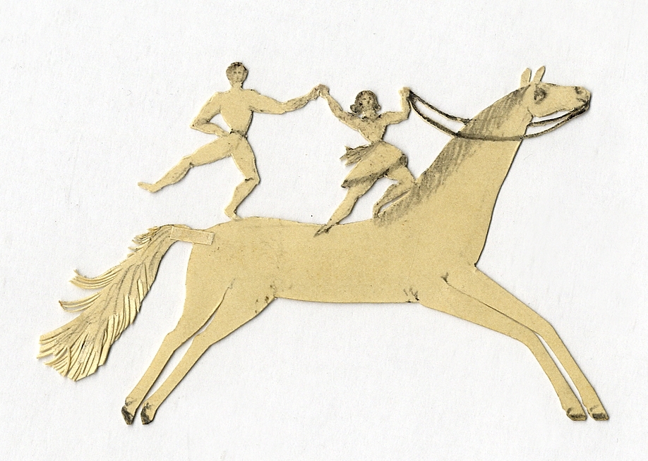 Silhuettklipp i beige papper. Två konstryttare (man och kvinna) på en (något överdimensionerad) häst.